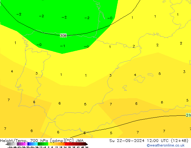 Hoogte/Temp. 700 hPa JMA zo 22.09.2024 12 UTC