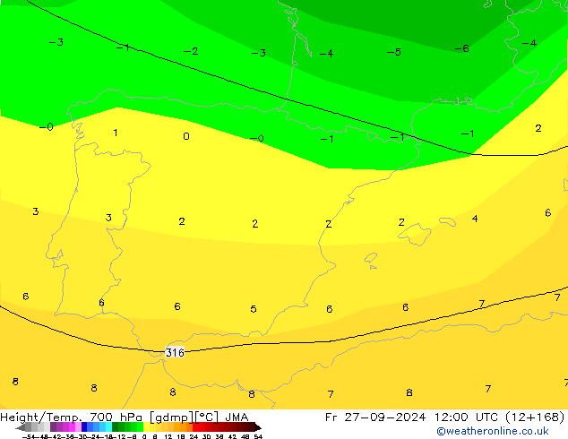 Height/Temp. 700 hPa JMA Sex 27.09.2024 12 UTC