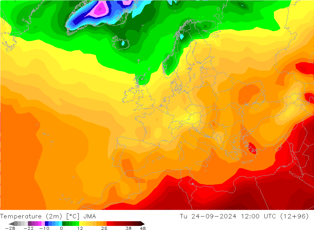 Temperatuurkaart (2m) JMA di 24.09.2024 12 UTC