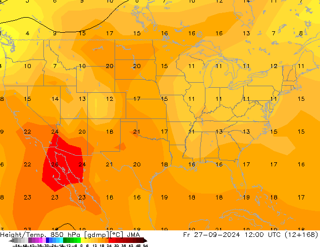 Height/Temp. 850 hPa JMA Pá 27.09.2024 12 UTC