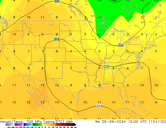 Height/Temp. 700 гПа JMA ср 25.09.2024 12 UTC