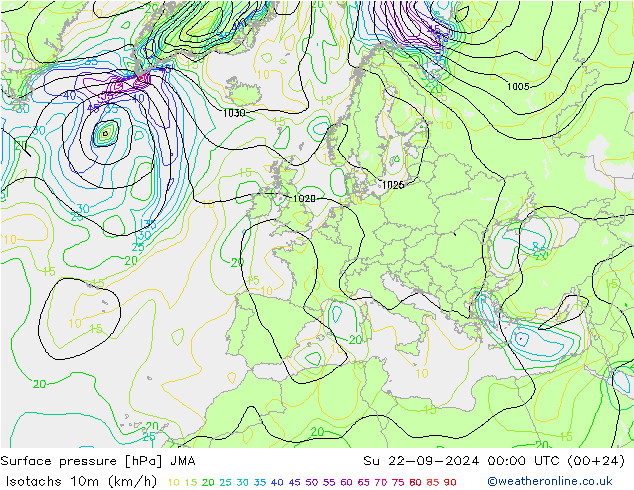 10米等风速线 (kph) JMA 星期日 22.09.2024 00 UTC