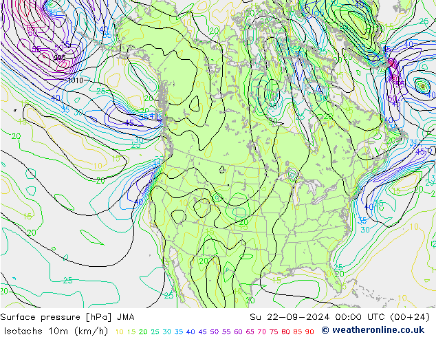 10米等风速线 (kph) JMA 星期日 22.09.2024 00 UTC