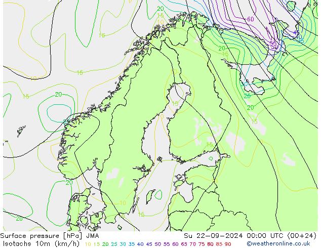 10米等风速线 (kph) JMA 星期日 22.09.2024 00 UTC