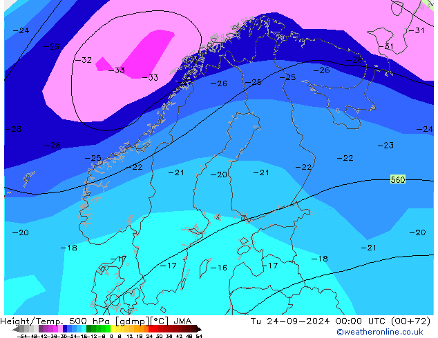 Height/Temp. 500 hPa JMA 星期二 24.09.2024 00 UTC