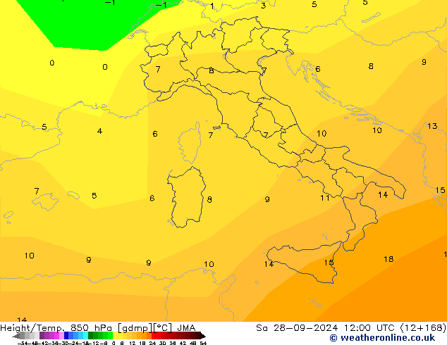 Height/Temp. 850 hPa JMA Sa 28.09.2024 12 UTC