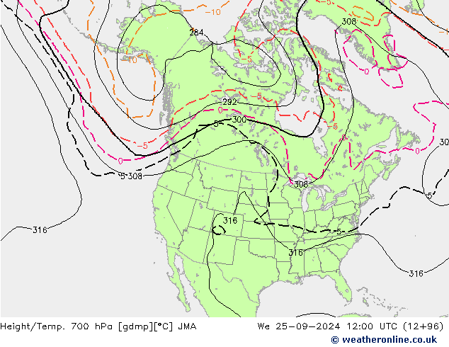 Height/Temp. 700 hPa JMA We 25.09.2024 12 UTC