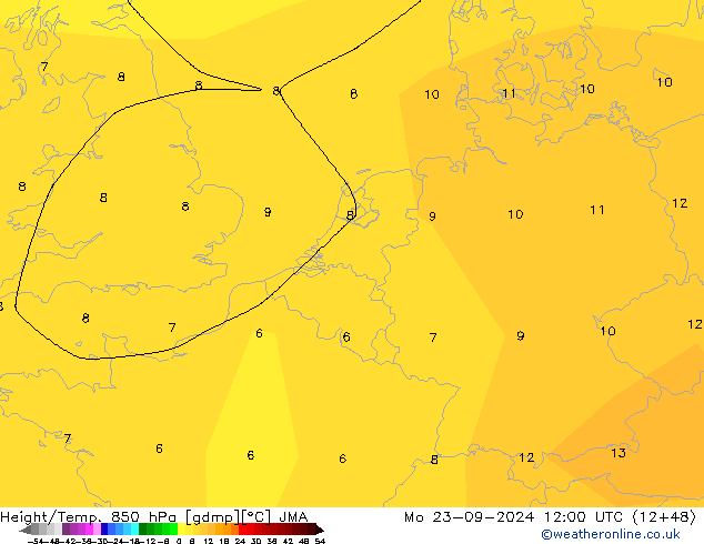 Height/Temp. 850 hPa JMA 星期一 23.09.2024 12 UTC