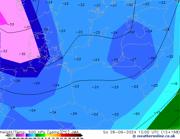 Height/Temp. 500 hPa JMA So 28.09.2024 12 UTC