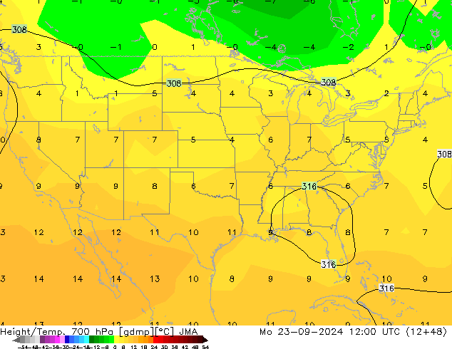 Height/Temp. 700 hPa JMA lun 23.09.2024 12 UTC