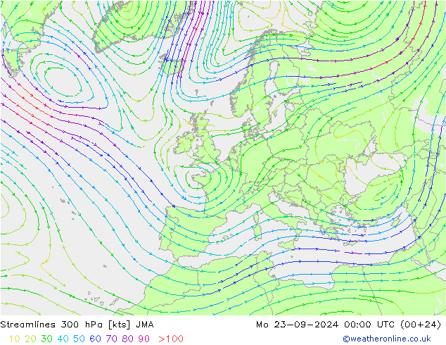 Stromlinien 300 hPa JMA Mo 23.09.2024 00 UTC