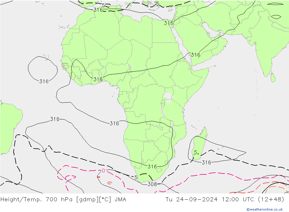 Height/Temp. 700 hPa JMA Út 24.09.2024 12 UTC