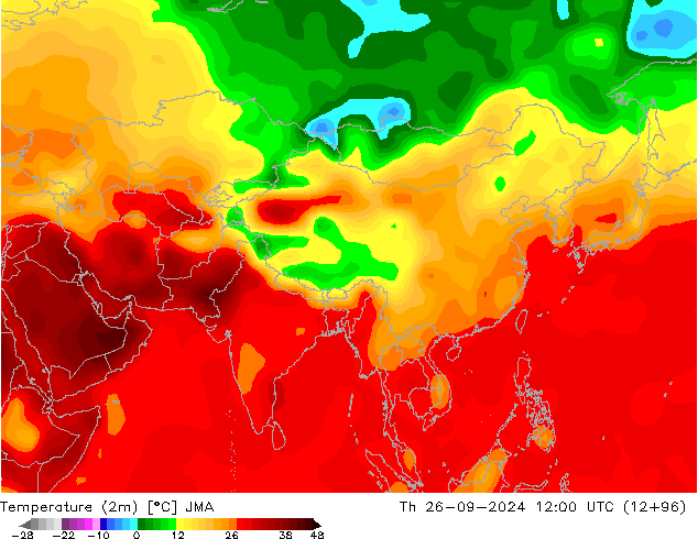 Temperatuurkaart (2m) JMA do 26.09.2024 12 UTC