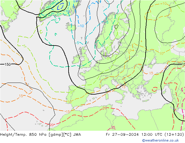 Height/Temp. 850 hPa JMA Fr 27.09.2024 12 UTC