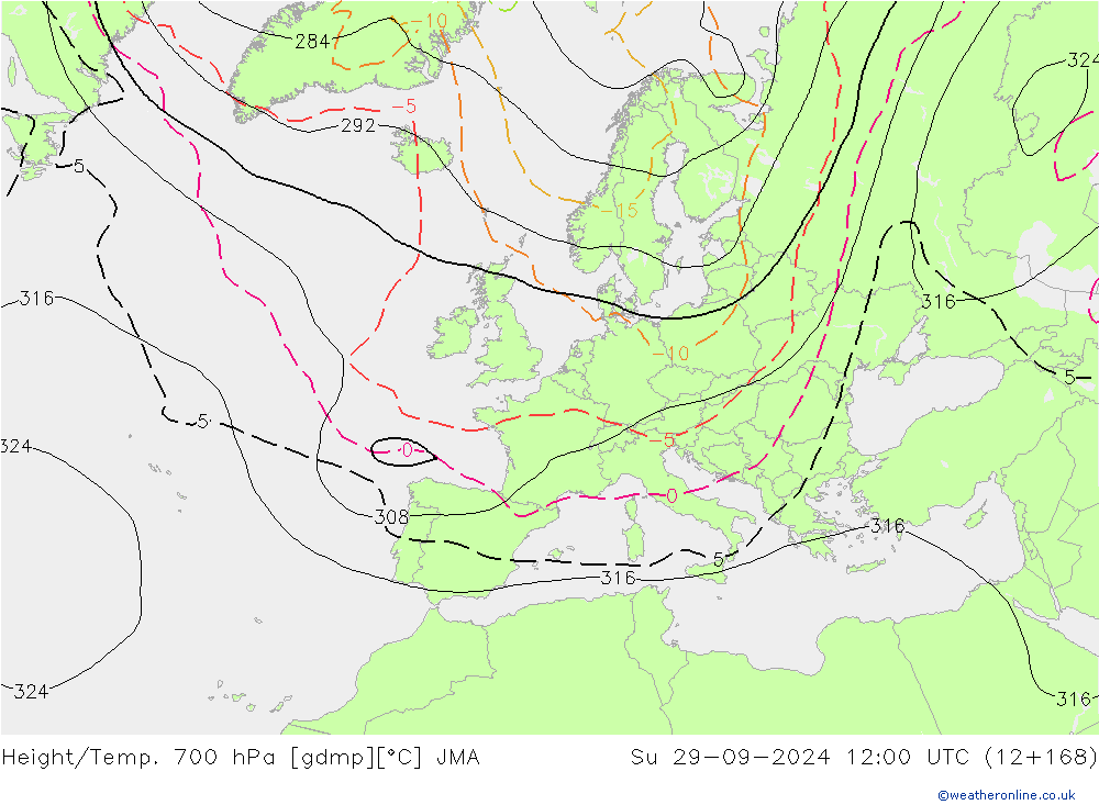 Hoogte/Temp. 700 hPa JMA zo 29.09.2024 12 UTC