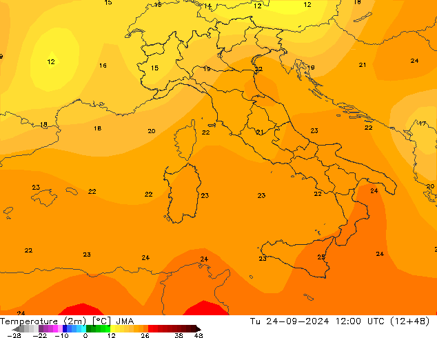 mapa temperatury (2m) JMA wto. 24.09.2024 12 UTC