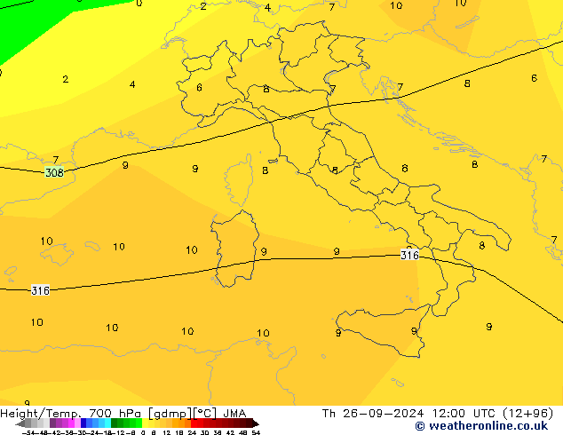 Height/Temp. 700 hPa JMA gio 26.09.2024 12 UTC