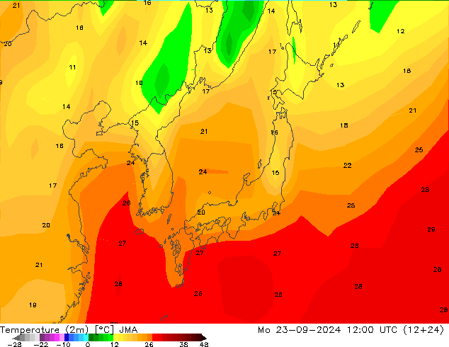 Temperature (2m) JMA Mo 23.09.2024 12 UTC