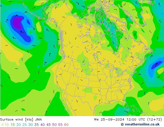 Vento 10 m JMA mer 25.09.2024 12 UTC