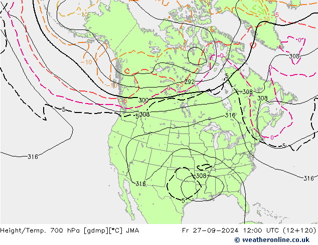 Height/Temp. 700 hPa JMA Fr 27.09.2024 12 UTC