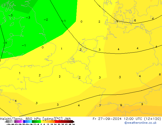 Height/Temp. 850 hPa JMA Fr 27.09.2024 12 UTC