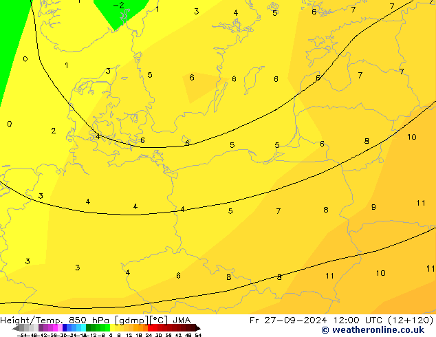 Height/Temp. 850 hPa JMA Fr 27.09.2024 12 UTC