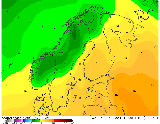 Temperatuurkaart (2m) JMA wo 25.09.2024 12 UTC