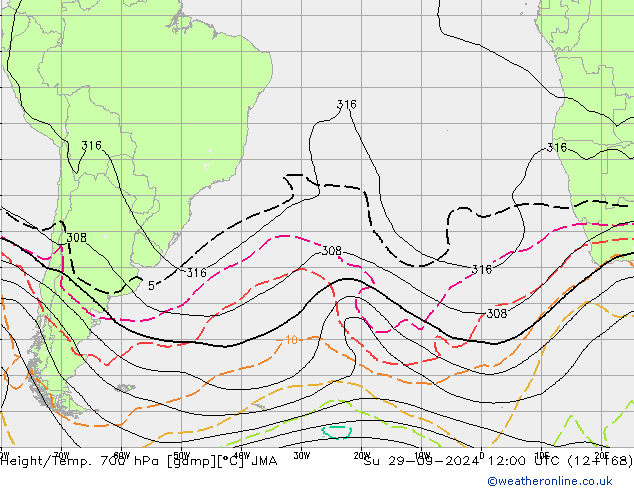 Hoogte/Temp. 700 hPa JMA zo 29.09.2024 12 UTC