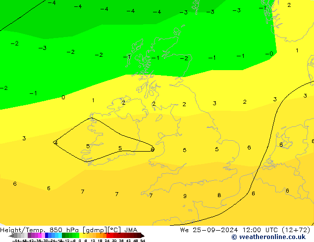 Height/Temp. 850 hPa JMA We 25.09.2024 12 UTC