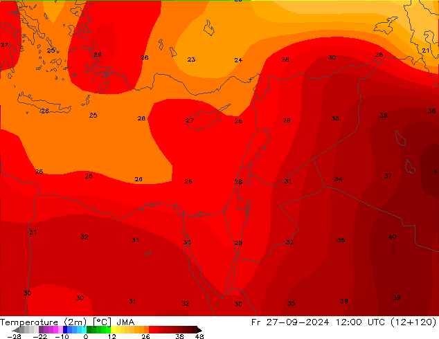 Temperatuurkaart (2m) JMA vr 27.09.2024 12 UTC