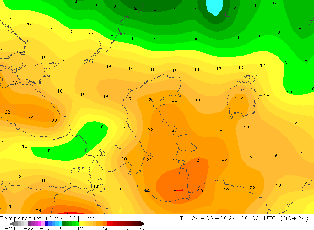 Temperature (2m) JMA Út 24.09.2024 00 UTC