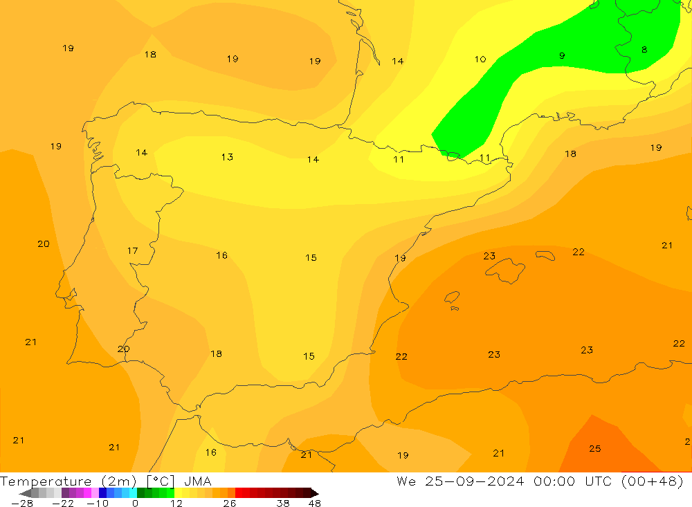 Temperature (2m) JMA We 25.09.2024 00 UTC