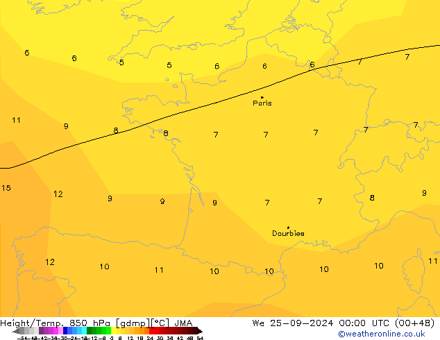 Height/Temp. 850 hPa JMA Mi 25.09.2024 00 UTC