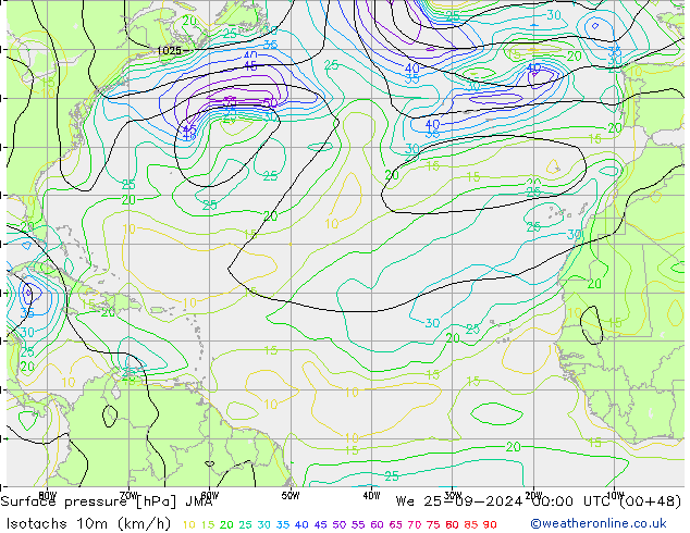 Isotachs (kph) JMA We 25.09.2024 00 UTC