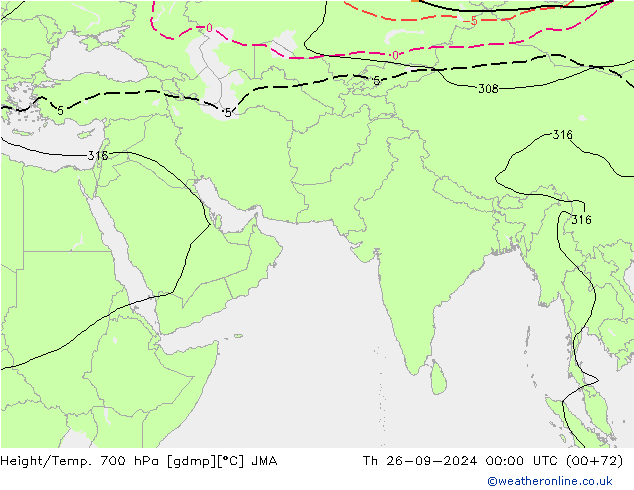 Height/Temp. 700 hPa JMA Th 26.09.2024 00 UTC