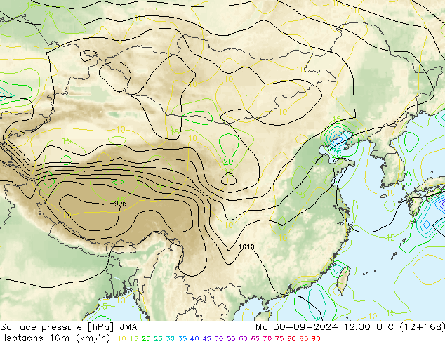 10米等风速线 (kph) JMA 星期一 30.09.2024 12 UTC