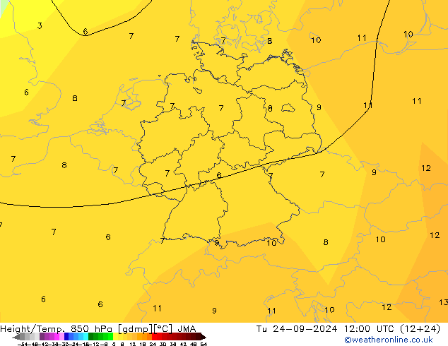 Hoogte/Temp. 850 hPa JMA di 24.09.2024 12 UTC