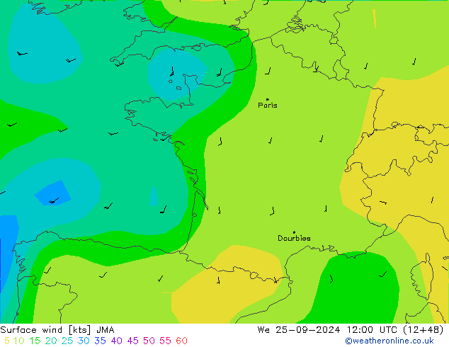 Vento 10 m JMA mer 25.09.2024 12 UTC