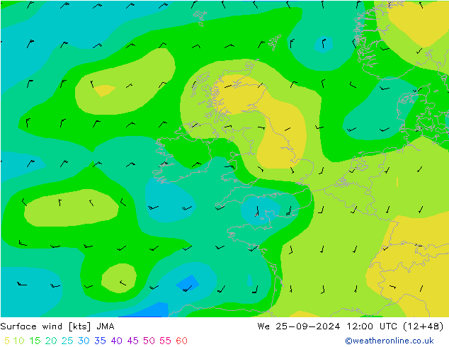 Vento 10 m JMA mer 25.09.2024 12 UTC