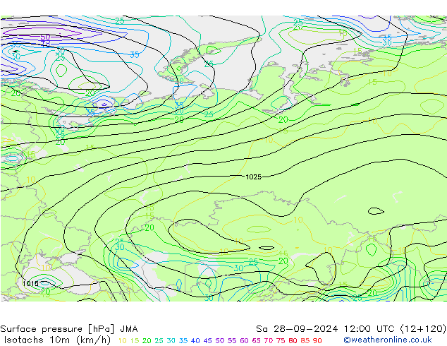 Isotachs (kph) JMA sam 28.09.2024 12 UTC