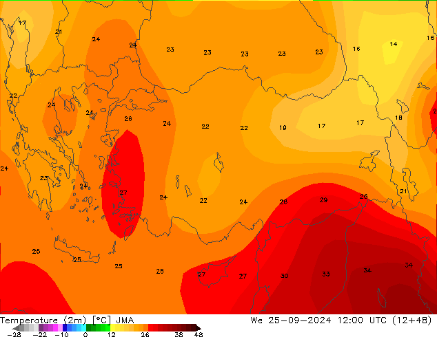 Temperature (2m) JMA We 25.09.2024 12 UTC