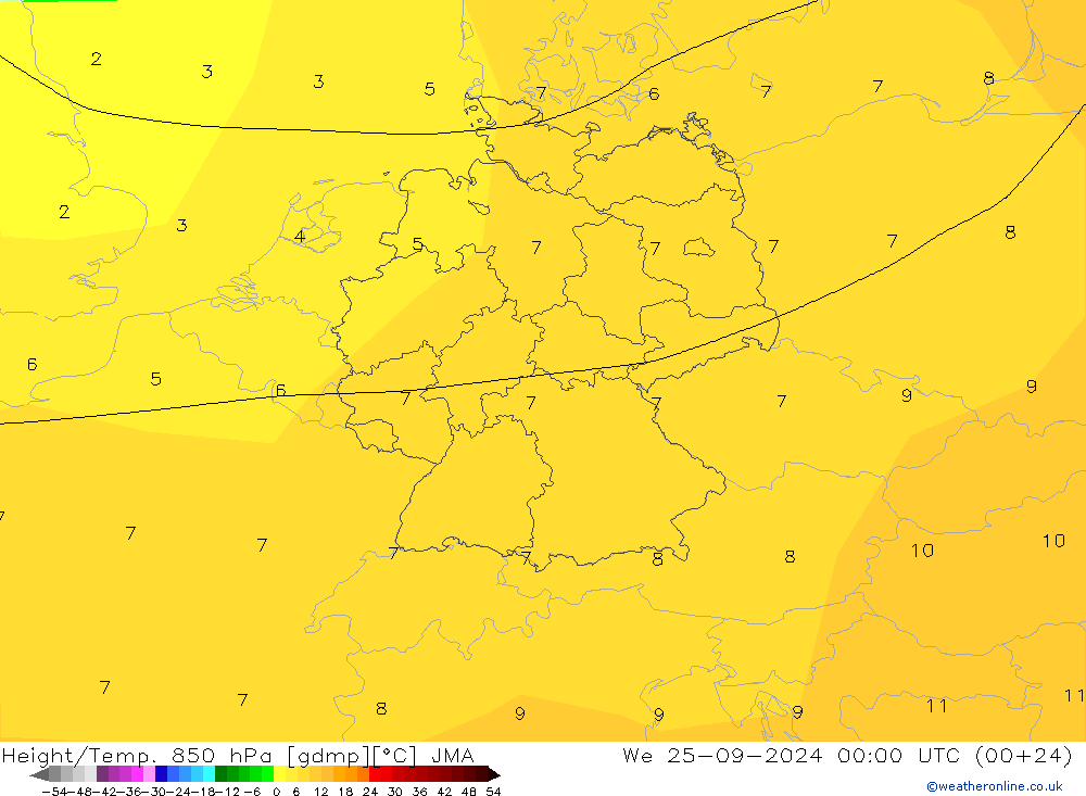 Height/Temp. 850 hPa JMA We 25.09.2024 00 UTC