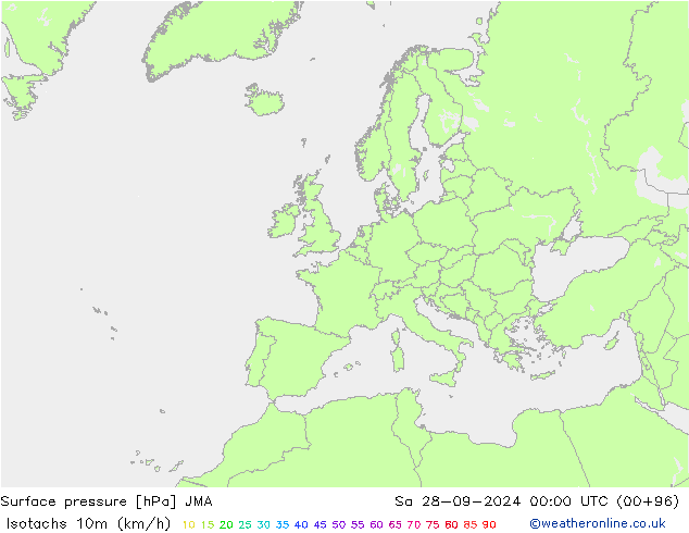 Izotacha (km/godz) JMA so. 28.09.2024 00 UTC