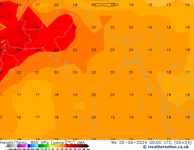 Height/Temp. 850 hPa JMA We 25.09.2024 00 UTC