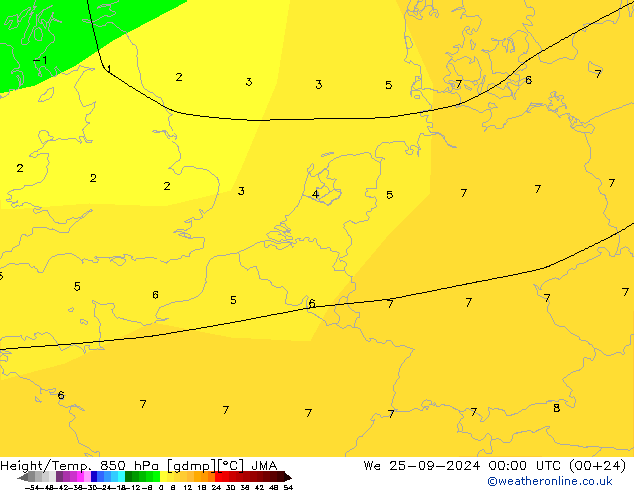 Height/Temp. 850 hPa JMA We 25.09.2024 00 UTC