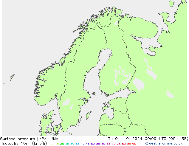 Isotachs (kph) JMA Út 01.10.2024 00 UTC