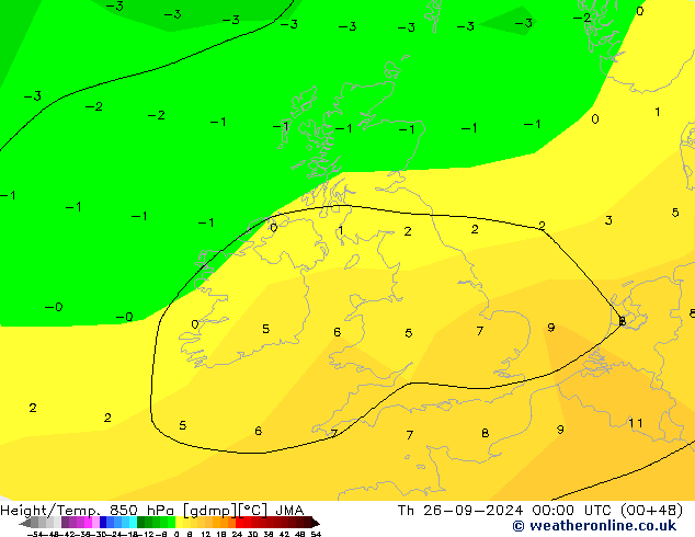 Height/Temp. 850 hPa JMA Th 26.09.2024 00 UTC