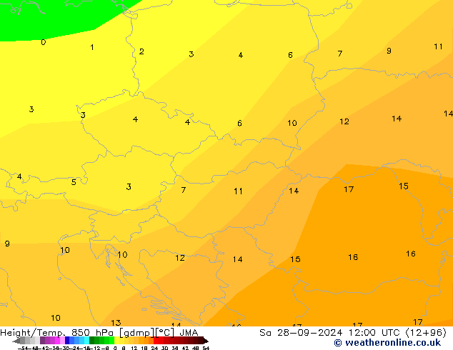 Geop./Temp. 850 hPa JMA sáb 28.09.2024 12 UTC