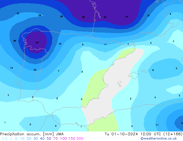 Precipitation accum. JMA Út 01.10.2024 12 UTC