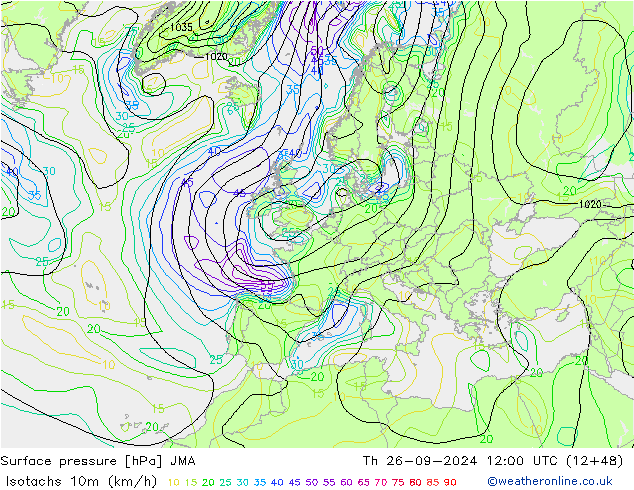 Isotachs (kph) JMA Čt 26.09.2024 12 UTC